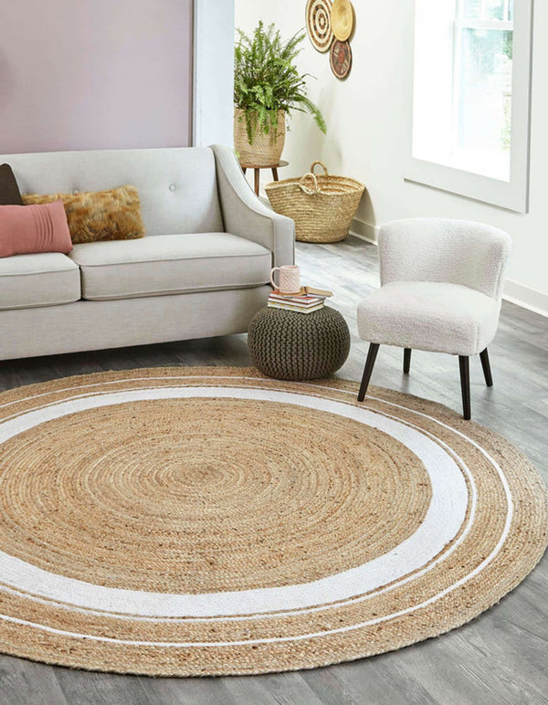 Richer Jute Area Rug Round White Border Handwoven Braided Living Room