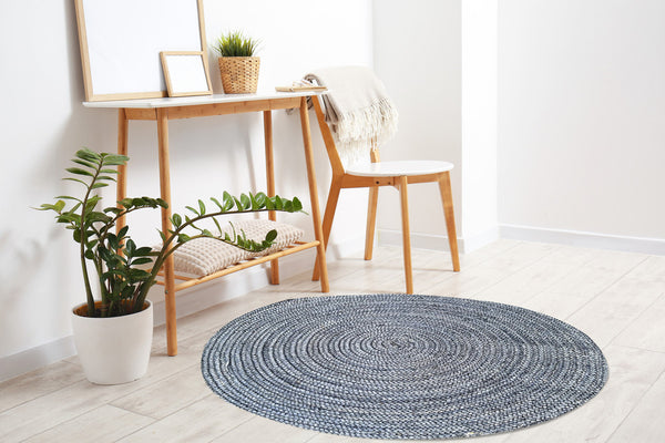 Handwoven Braided Jute Rug, Round Outdoor Rugs for Patios, Natural Reversible Rugs for Kitchen Living Room Entryway Eco Friendly Rugs (Blue)