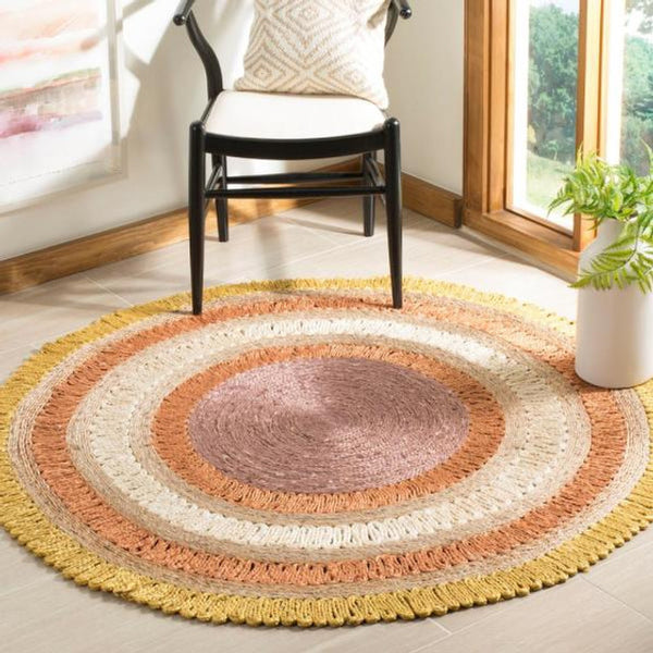 Round Gold / Multi  Handmade Boho Charm Farmhouse Jute Area Rug