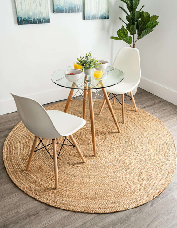 Handwoven Jute Area Rug - 6 feet Round - Natural Yarn - Rustic Vintage Beige Braided Reversible Rug