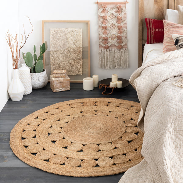 Natural Fiber Round Handmade Boho Charm Farmhouse Jute Area Rug Soft Braided Reversible Rustic Vintage Rug for Indoor Outdoor Kitchen Bedroom LivingroomHallways Enterways