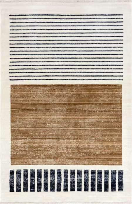 Yaduraj Rugs Beige Anette Block Striped Machine Made Area Rug