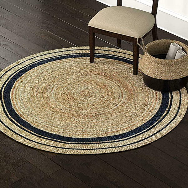 Yaduraj Rugss Hand Braided Round Black Border Natural Jute Area Rugs for Living , Kitchen, Garden Indoor & Outdoor