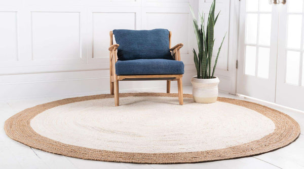 Handwoven Jute Area Rug - 5 feet Round - Natural Yarn - Rustic Vintage Beige Braided Reversible Rug - Eco Friendly Rugs for Bedroom