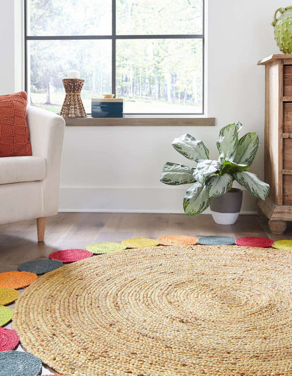 Natural Fiber Round Multicolour Collection Handmade Boho Charm Farmhouse Area Rug