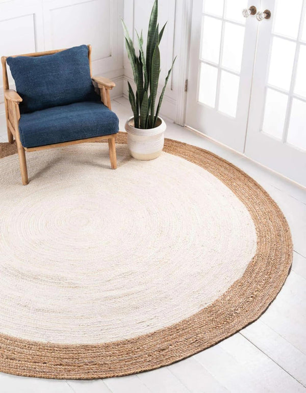 White Hand Woven Jute Area Rug - 2 Feet Round - Natural Yarn - Reversible Rug - Eco-Friendly Rugs for Indoor Outdoor Kitchen Bedroom Living Room Hallways Enterways